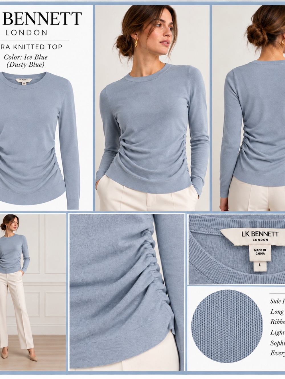 LK Bennett Dusty Blue Ruched Crewneck Sweater